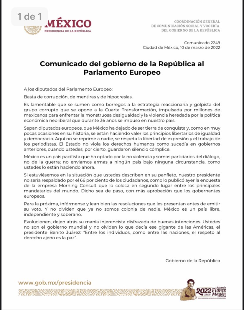 Comunicado del Gobierno de la República al Parlamento Europeo